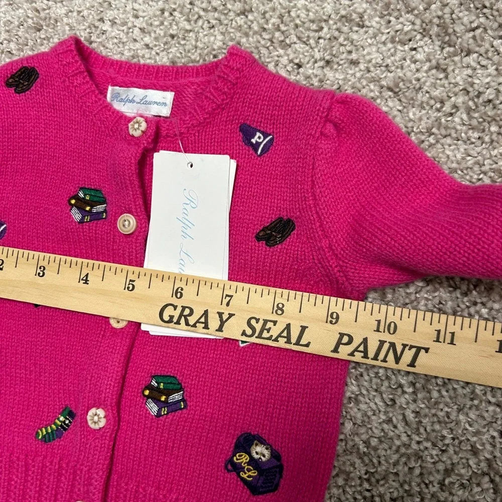 NWT Ralph Lauren Embroidered‎ Wool Blend Cardigan Baby Size 3M Pink Prep School